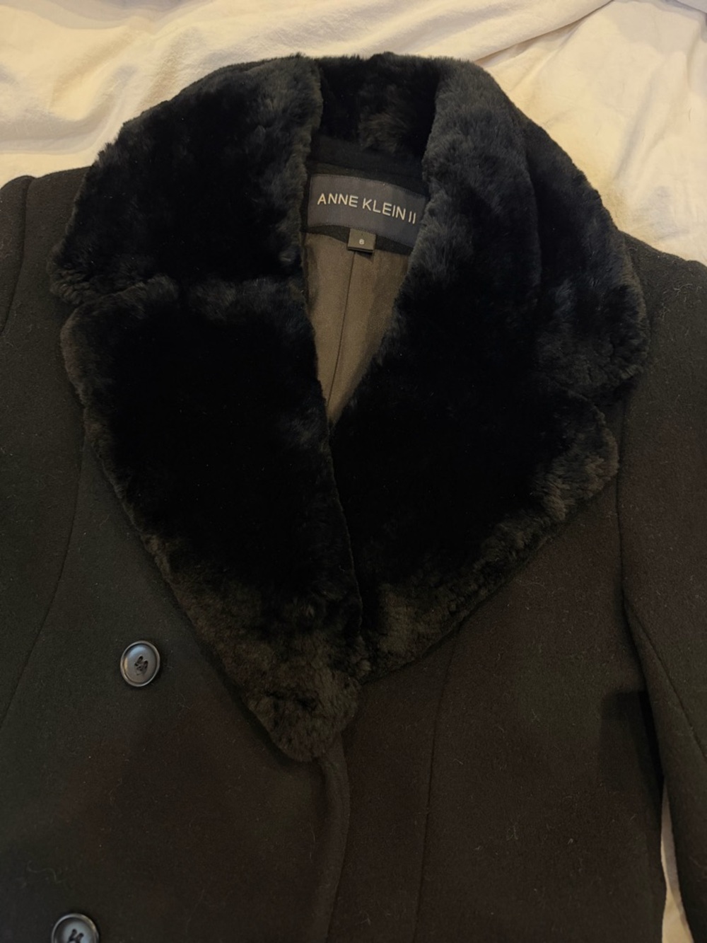 Anne Klein II Vintage Wool Coat Faux Fur Collar Long Black Coat Size 6 Classic - Picture 2 of 5
